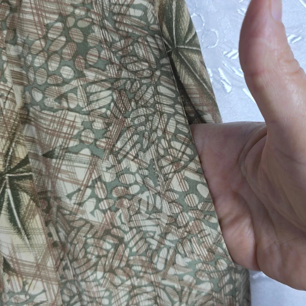 VTG Austin Reed 100% Silk Midi Skirt Green Tan Abstract Pleated Pockets Size 12 - Picture 2 of 7